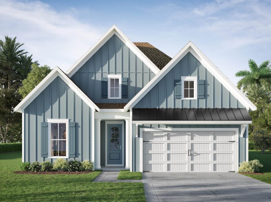 A light blue house with white trim, peaked roofs, a double garage, small front porch, green lawn, and palm trees in the background under a blue sky.