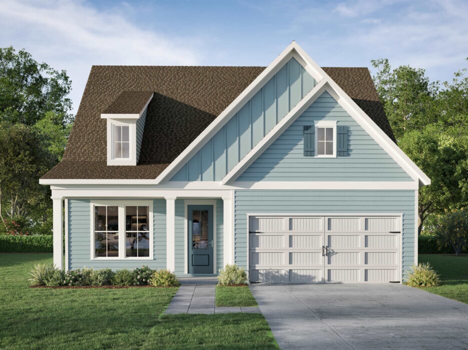 A blue two-story house with white trim, a front porch, dormer window, and a double garage, surrounded by green grass and trees under a blue sky.