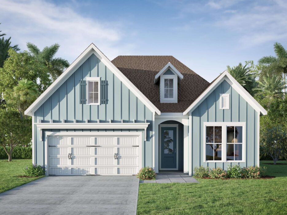 A light blue, single-story house with white trim, a brown roof, double garage doors, a front porch, and windows. The house is surrounded by green grass, shrubs, and trees under a blue sky with clouds.